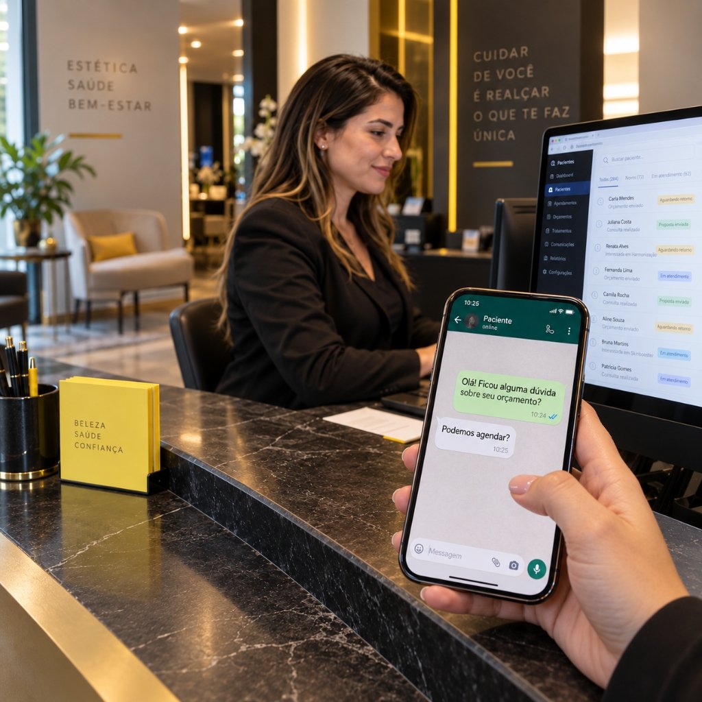 Recepcionista de clínica de estética gerenciando orçamentos pendentes no WhatsApp em meio às rotinas do balcão
