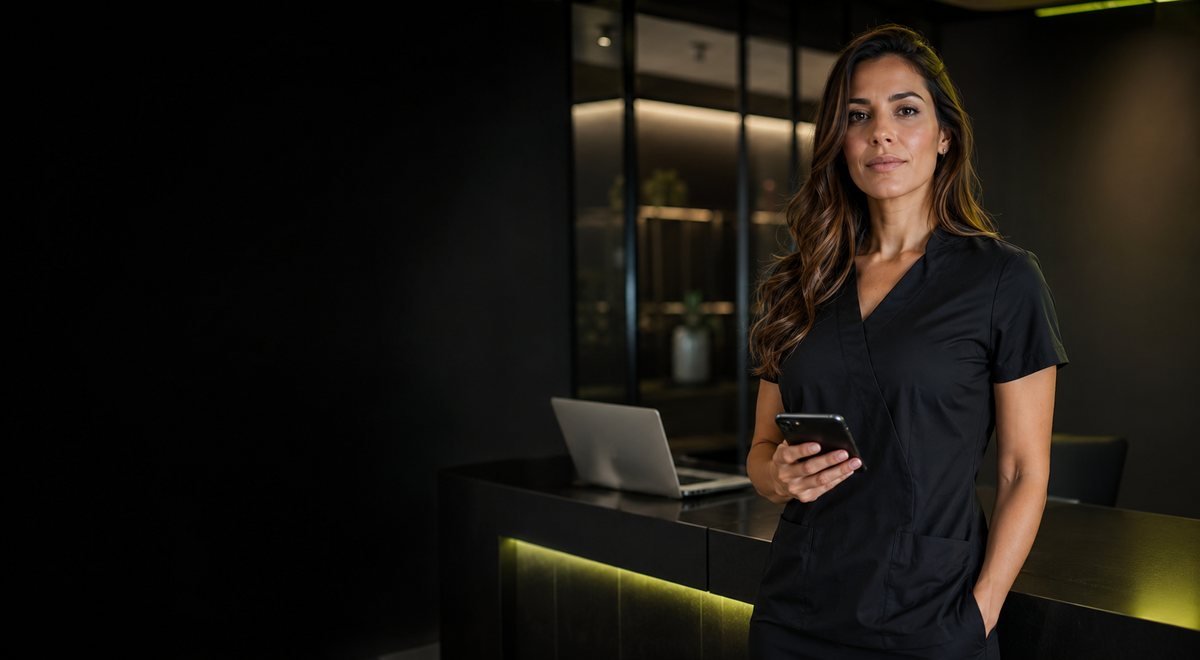Proprietária de clínica de estética segurando um celular em uma recepção moderna.