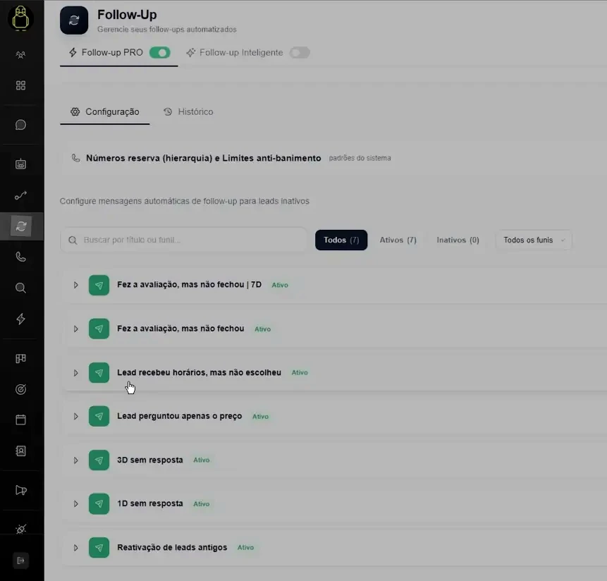 Painel de automação de follow-up do Mr Duck Hub: recuperação de orçamentos parados com parada automática na resposta